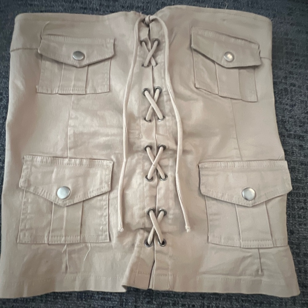Beige Lace-Up Cargo strapless top.